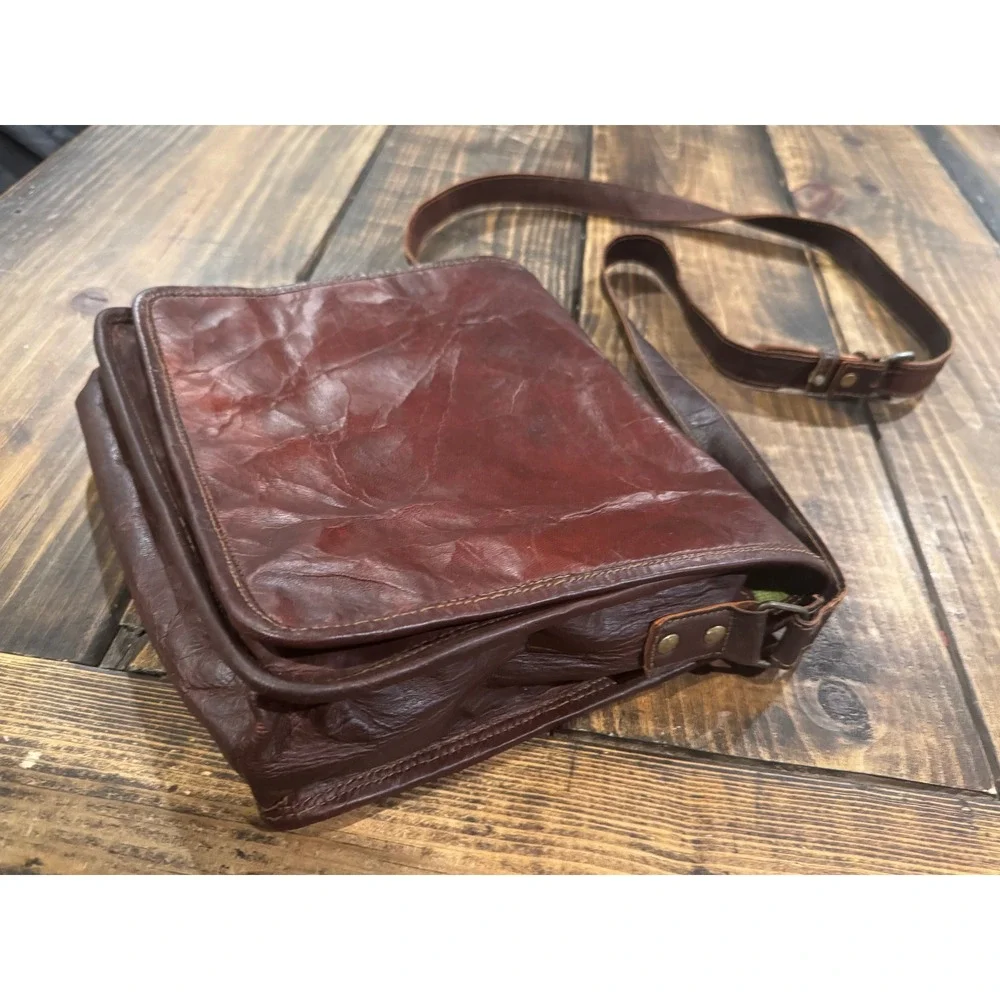 Brown Leather Messenger Bag Satchel Crossbody Distressed Brown Lime Green Lining